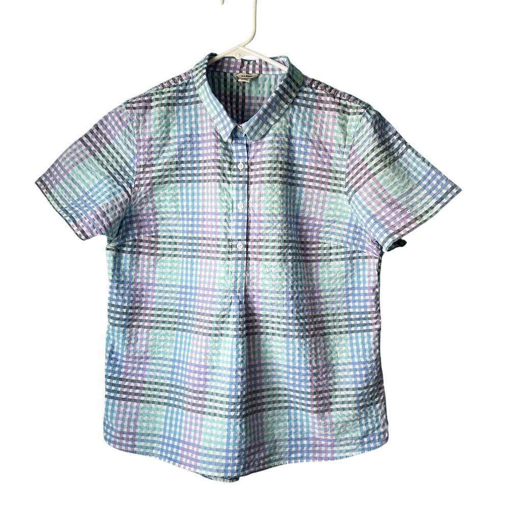 LL Bean Pastelle Pallette Seersucker Button Up Short Sleeve Shirt Size MEDIUM